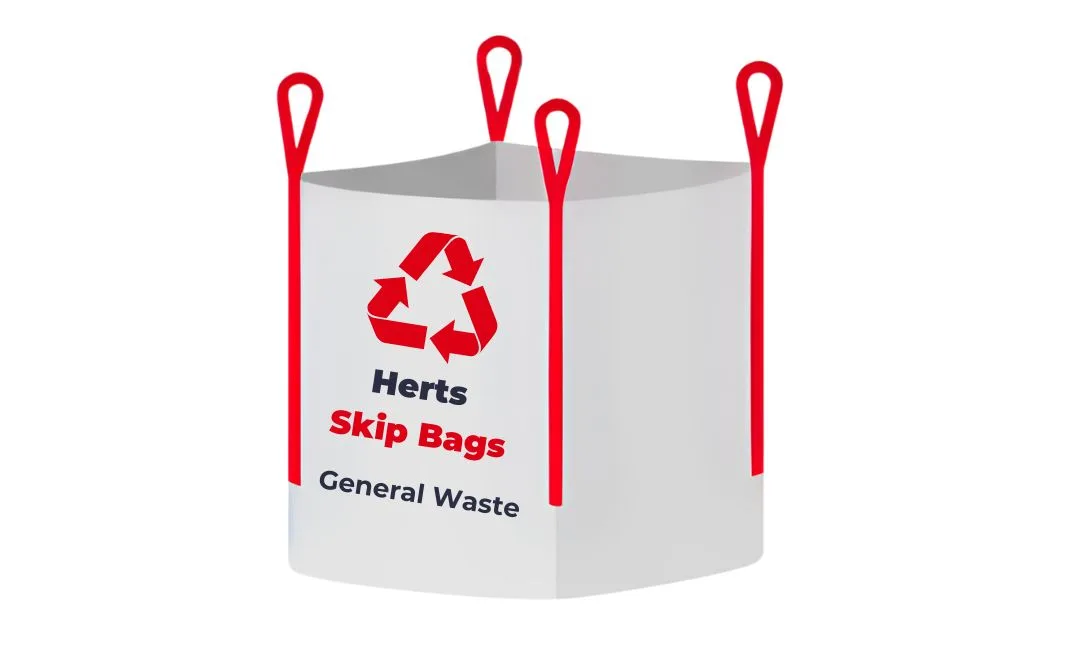 An image of an empty skip bag, handles in red, showing the text "Herts Skip Bags - Clothing"