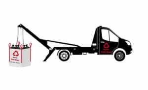 A small van lifting up a skip bag full of waste, with the text "Herts Skip Bags" on the side of the van.